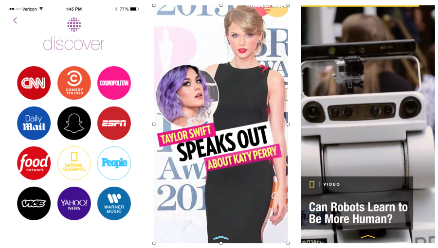 The Discover section of Snapchat features People, National Geographic, CNN and other media companies.